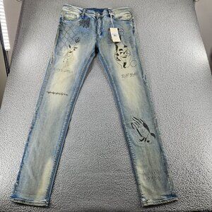 mnml X182 Stretch Denim Jeans Mens 36 Blue Los Angeles Graphic Distressed Slim